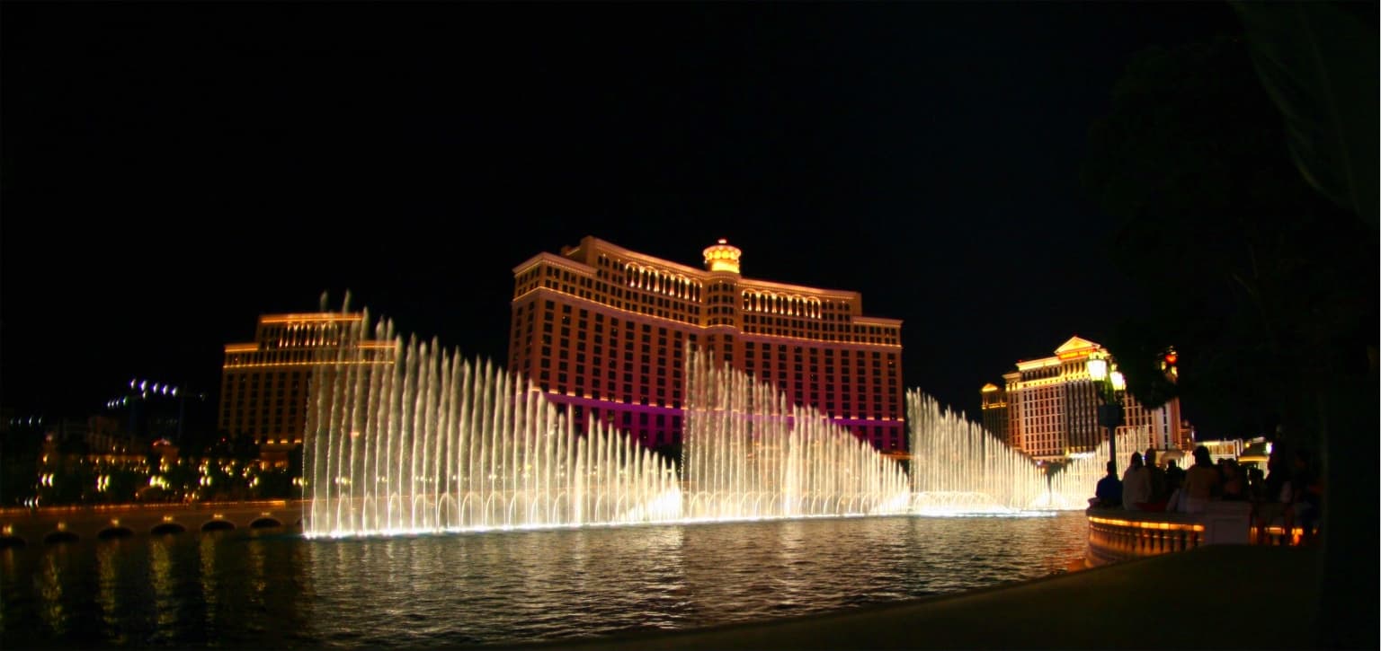 Bellagio Fountains at night in Las Vegas
