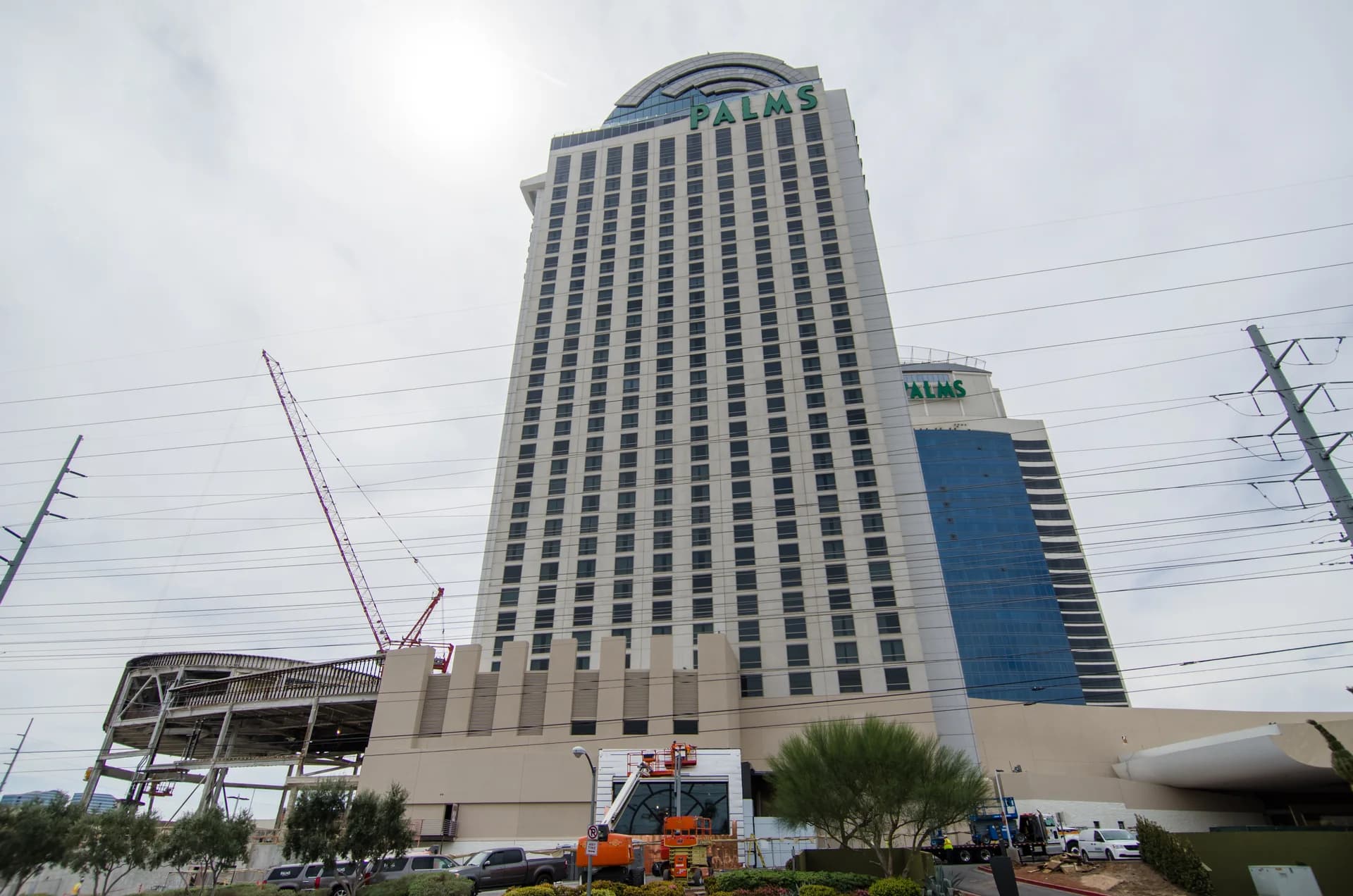 Exterior of Palms Casino Resort in Las Vegas during 2018 renovations, photographed from outside the property.