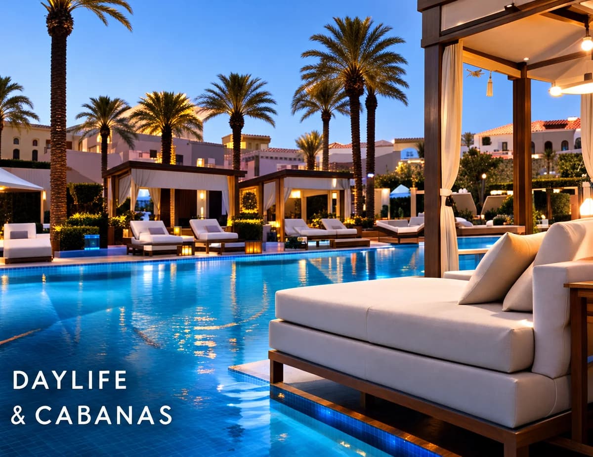 A luxury resort pool with palm trees and a cabana daybed at dusk