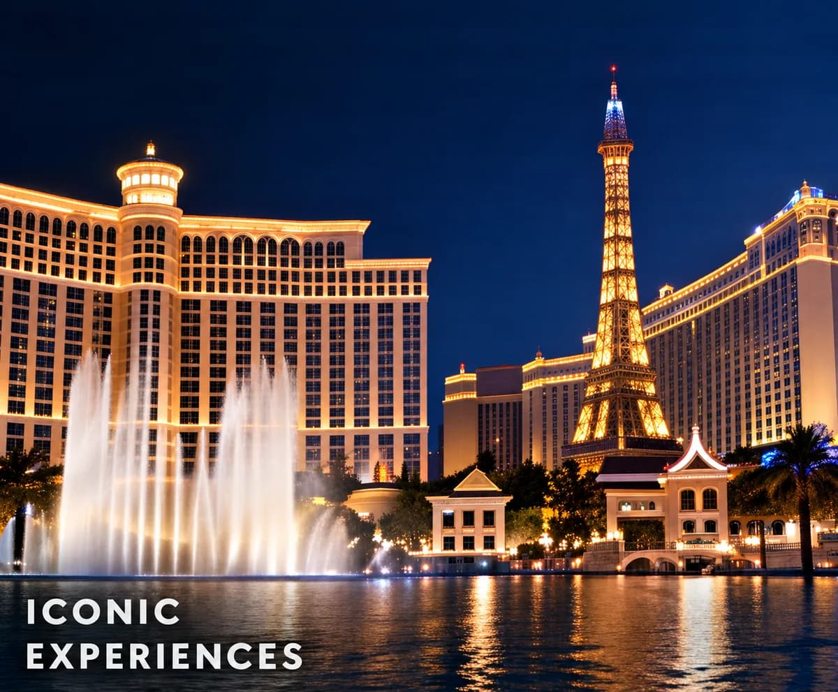 The Bellagio fountains in front of the Paris Las Vegas Eiffel Tower replica at night