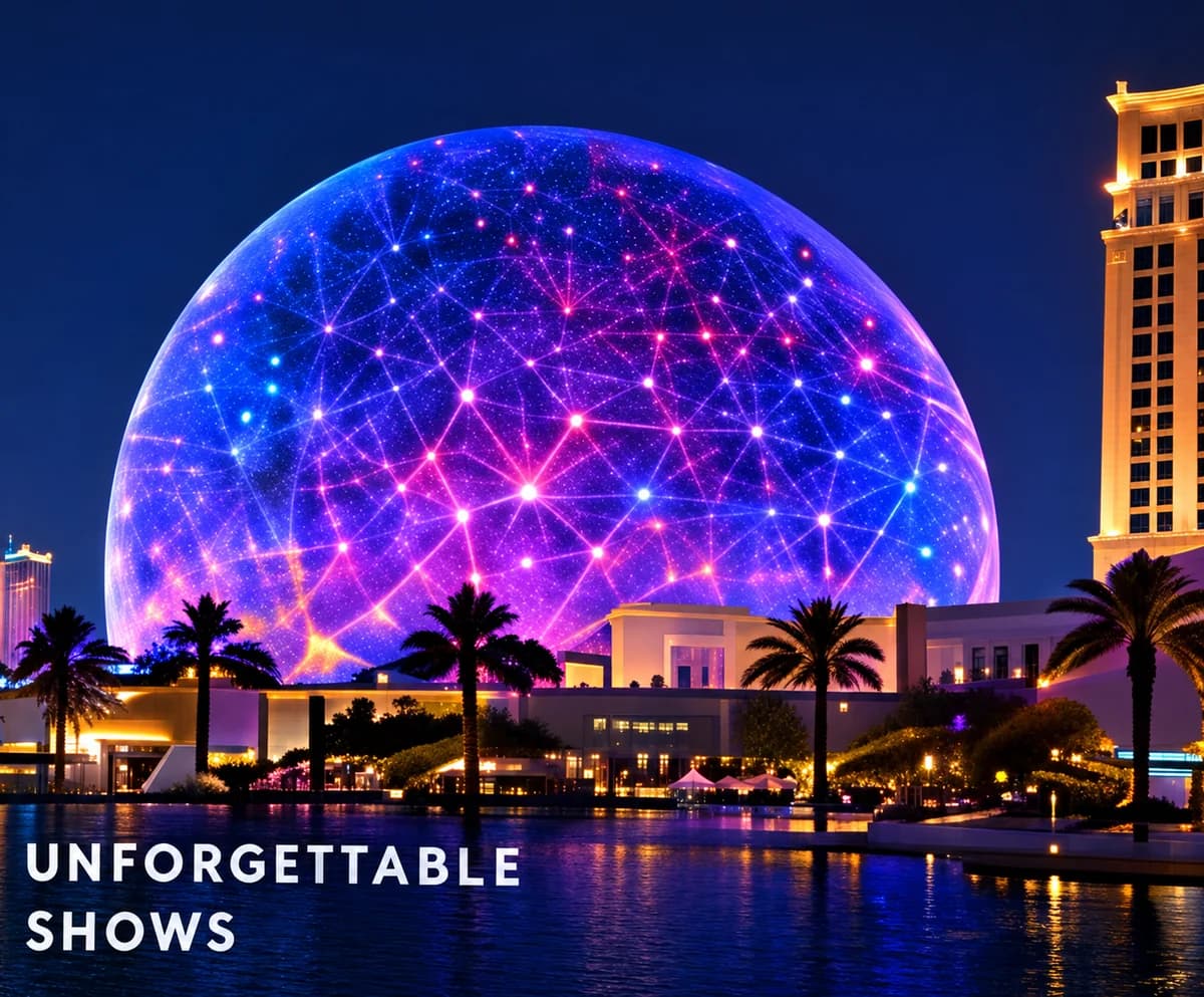 Sphere in Las Vegas glowing purple and blue above palm trees at night