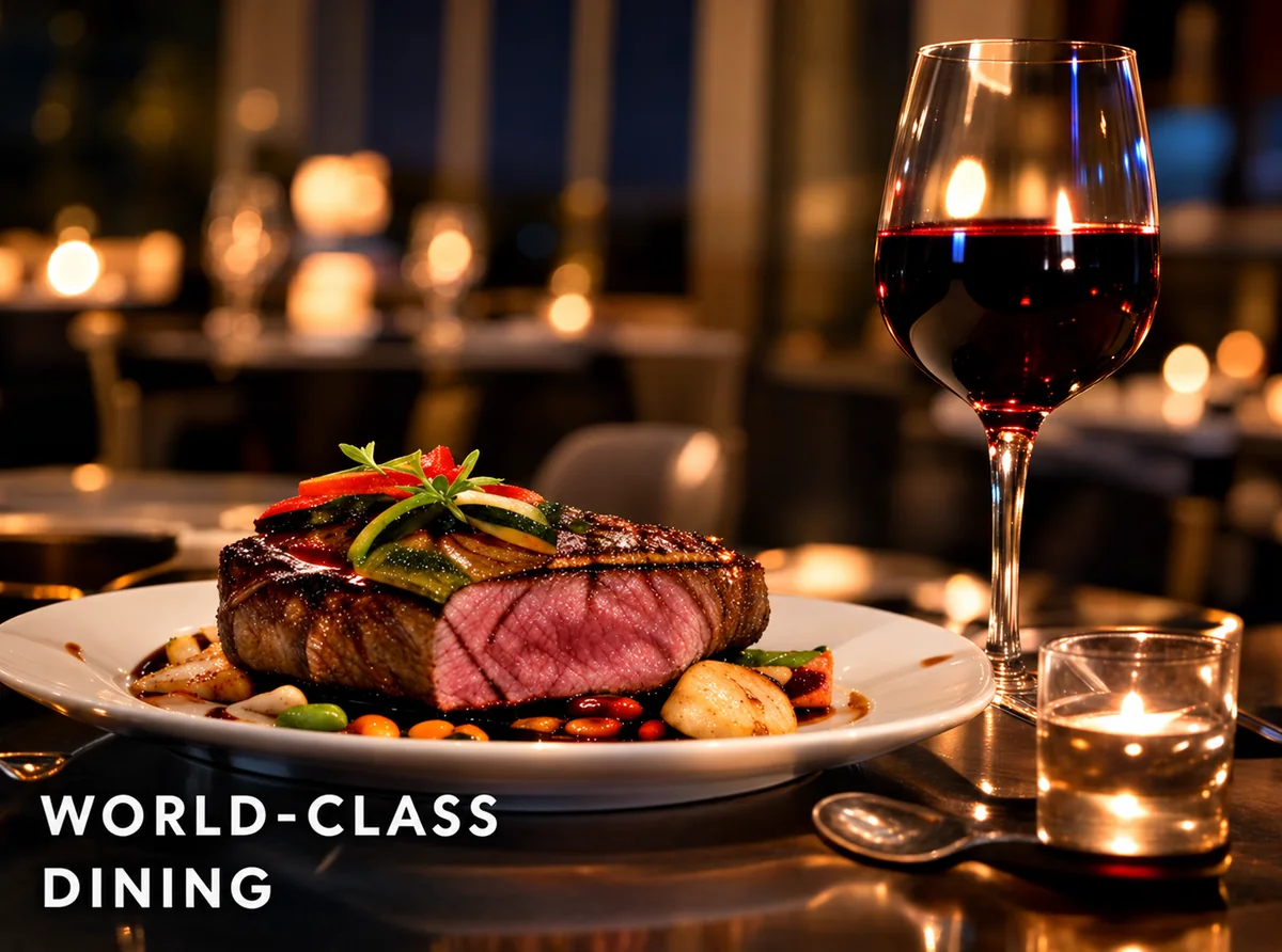 A seared steak dinner with red wine and a candle in a warmly lit restaurant