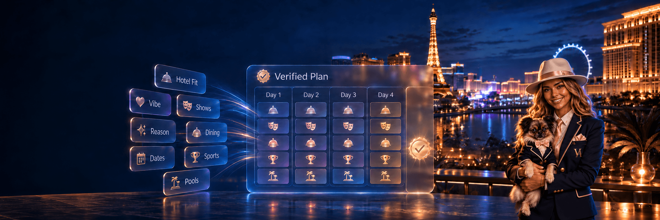 Agent Ailure alongside a verified Las Vegas trip plan at night