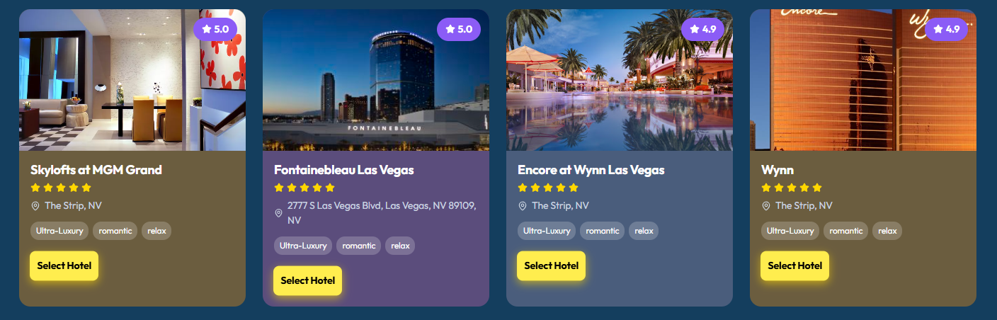 Featured Las Vegas hotel preview cards